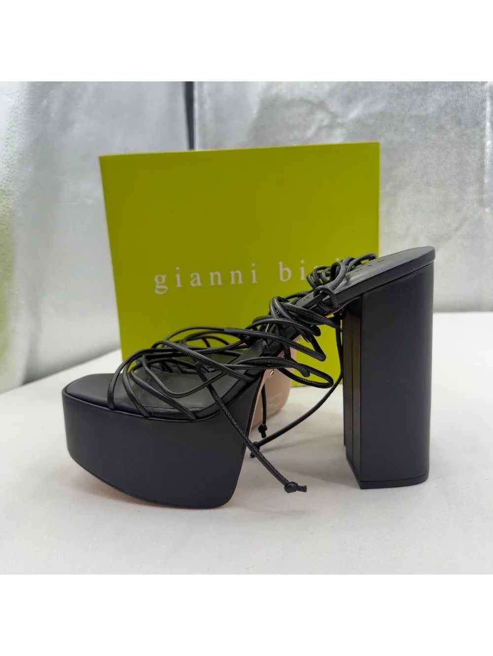 NEW Gianni Bini Rixey Leather Black Platform Chunky Block Heels Strappy Lace Up